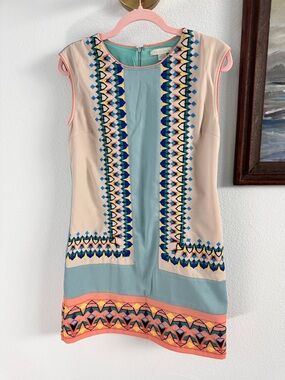 Sleeveless Shift Dress in Mint, Peach & Navy Embroidery -boho geometric